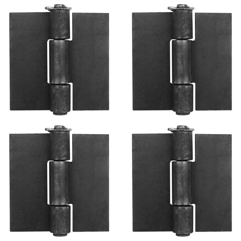 Four weld-on door hinges, 4-1/2 x 4-1/4 in, heavy-duty black metal, 4.7 mm thick, gate/trailer garage hinges.