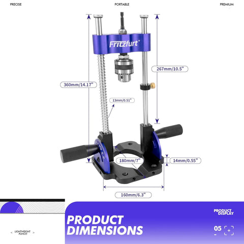 Heavy-Duty Portable Drill Guide With 0-60 Degrees Adjustable Angled Jig, self-centering for straight or angled holes, dimensions labeled.