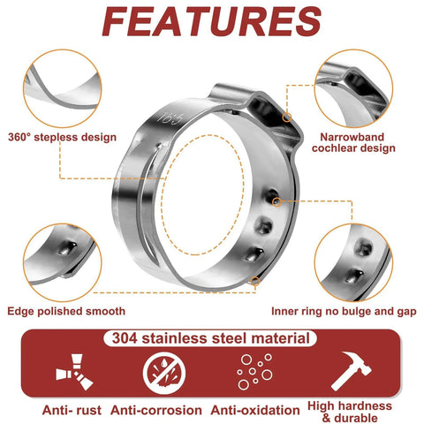 Amazon Hydencamm 304 stainless steel single-ear hose clamp, 5.3–33.1 mm stepless adjustable for automotive and plumbing.
