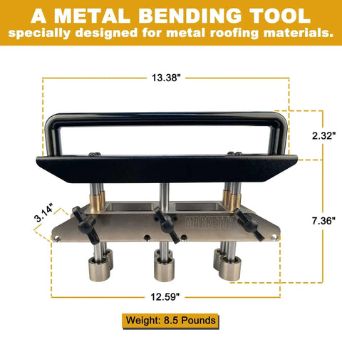 Front view of Three Station Edge Roller Bender showing dimensions and black handle, designed for roofing materials.
