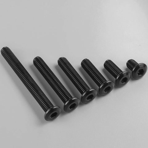 Flat Head Hex Socket Cap Screws 1/4-20 x 2-1/2 Inch, 20 Pack, Black Zinc Finish arranged in size order on white surface