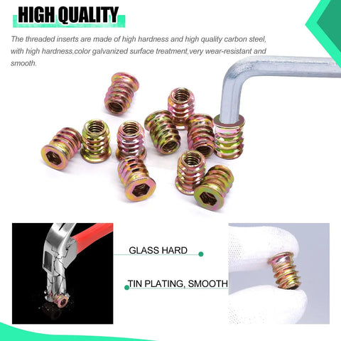 DIY Ready Wood Threaded Inserts Kit With M6 Wrench Eighty Pieces One Quarter Twenty Threaded Inserts displayed with wrench
