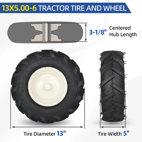 13x5.00-6 Tiller Tire And Wheel Kit Tubeless With 3/4 Inch Axle, 3-1/8 Inch Centered Hub, tractor tire front and side view