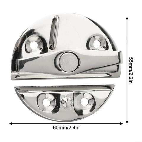 Boat hatch turn button latch, chrome stainless steel, 60mm diameter, front and rear views.