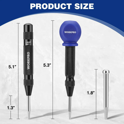 Automatic Center Punch Set 2 Pack With Replacement Tip And Ball Cap adjustable spring loaded center punches for wood metal plastic durable metal punch tool for precise marking and hole prep with sizes shown