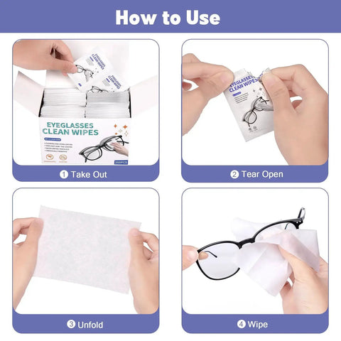 Instructions for using 200 Pack Lens Wipes For Glasses And Devices Individually Wrapped, showing steps to take out, tear open, unfold, and wipe.