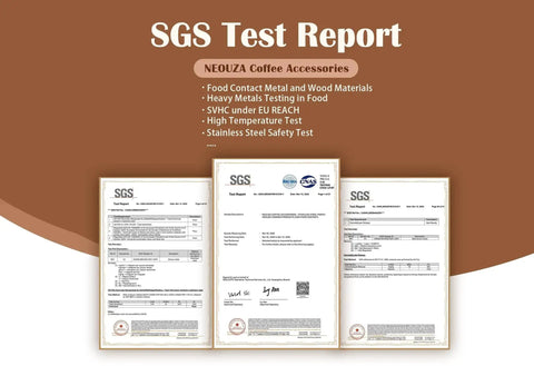 SGS test report certificates for coffee accessories, including food contact, heavy metals, and stainless steel safety tests.