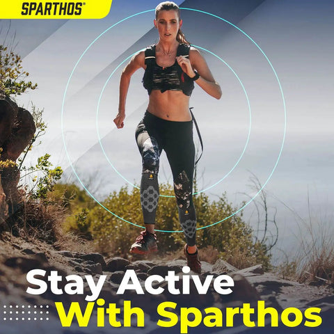 Woman running outdoors with Sparthos gear, promoting active lifestyle. Calf Compression Sleeves For Men And Women Unisex Leg Support.