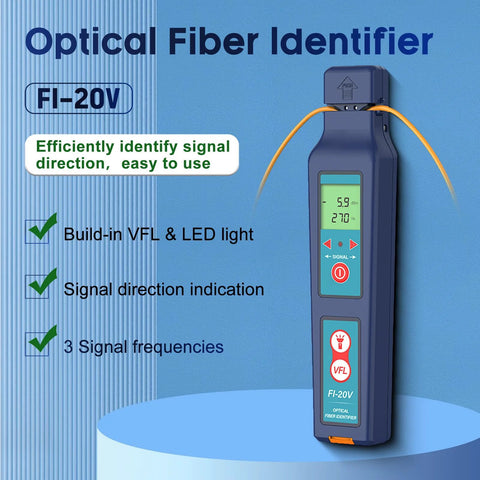 Amazon FI-20V optical fiber identifier handheld tester with built-in VFL and LED light, blue body.