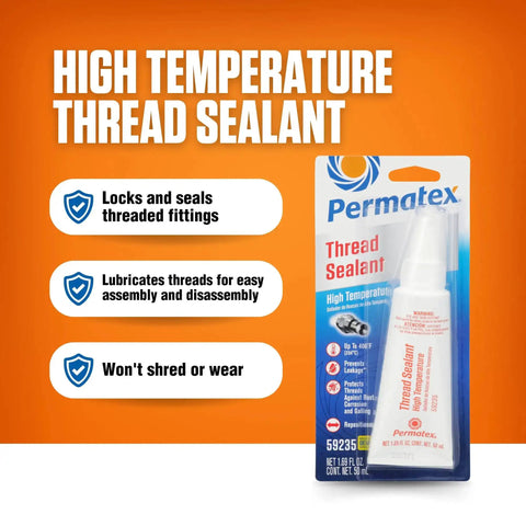 Beefed-Up High Temperature Thread Sealant In A 50 Ml Tube, OE Direct Fit packaging on orange background.
