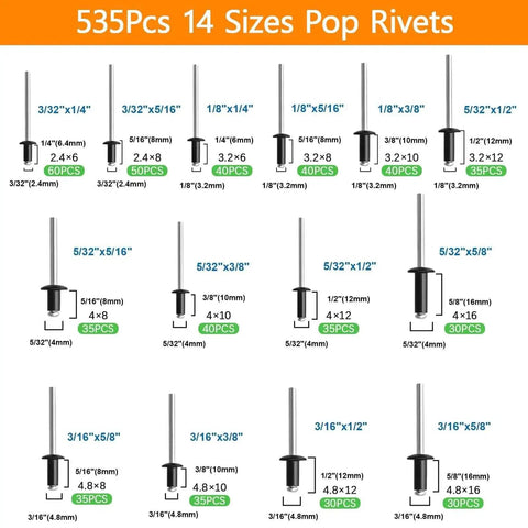 Diagram of Go-To 900 Pcs Black Pop Rivets Assortment Kit with 14 sizes from 3/32" to 3/16" shown with labels and dimensions