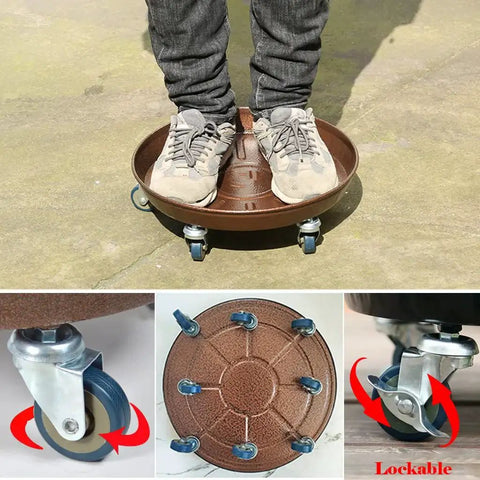 20 Inch Round Plant Stand With Lockable Wheels Heavy Duty 480 Lb Capacity Rolling Plant Caddy in use, showing copper tray and lockable wheels