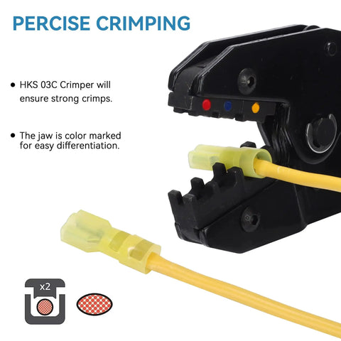 Close-up of crimping tool with yellow 100 Pcs Nylon Female Spade Quick Disconnect Connectors Kit for 12-10 AWG wire, highlighting insulation.