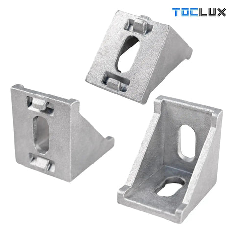 Durable Aluminum Extrusion Corner Bracket Kit For 30 Series T Slot Rails showing three aluminum brackets with slotted holes.