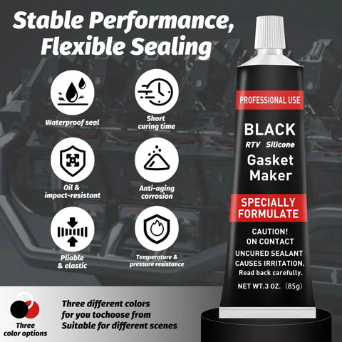 Black RTV silicone gasket maker tube with text and icons showing features like oil resistance, temperature stability, and waterproof seal.
