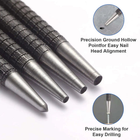 Pro Grade 4 Piece Center Punch Set Hardened Steel Punches for metalworking close-up with precision hollow tips and knurled grips.