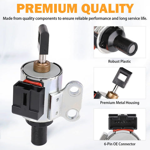 CVT transmission step motor with metal housing and 6-pin OE connector, front view; fits 2009-2012 Nissan Altima/Rogue.