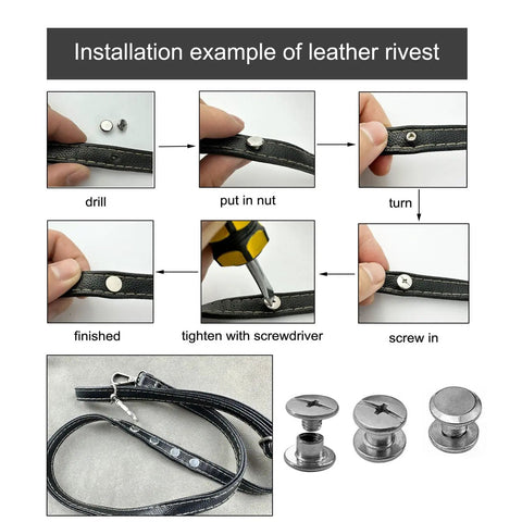 Workhorse Chicago Screw Rivet Kit For Leather Bags And Photo Albums 304 Stainless Steel installation steps and components