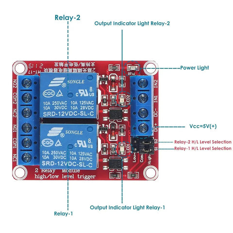 Top view of Two Channel 12V Relay Module with Optocoupler Isolated Trigger, showing labeled components and connections.