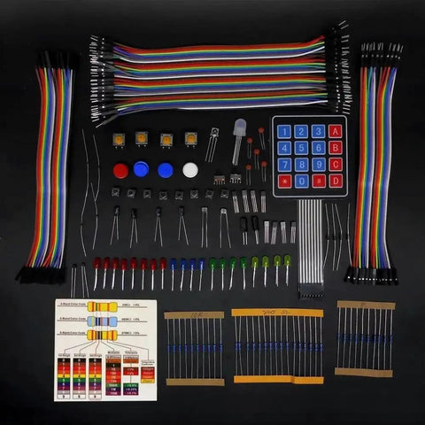Assorted electronic components from Ultimate STEM Electronics Starter Kit With Mega 2560 Board, wires, sensors, resistors, transistors.