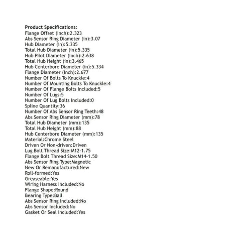 Specifications list for Front Hub Bearing Assembly for 2003-2014 Volvo XC90, detailing dimensions and features, without ABS.