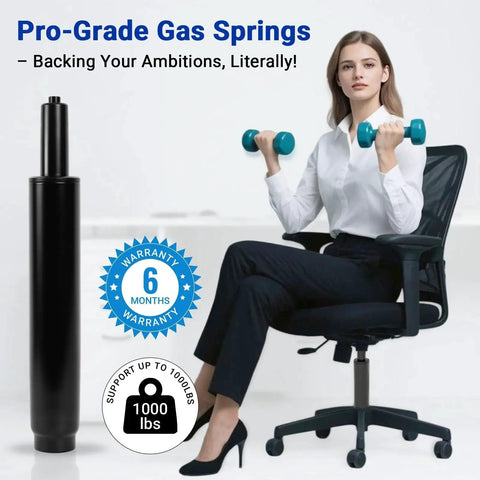 Gas Lift Chair Cylinder Replacement 6.3 Inch Travel Heavy Duty 1000 Lb Class 4 shown next to a woman in an office chair.