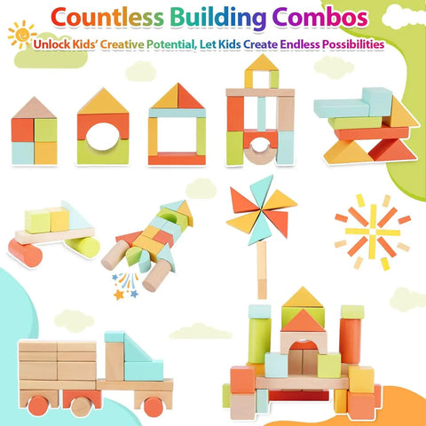Various structures made with the Wooden Building Blocks Set For Toddlers Ages 1 To 3, 100 Pcs With Storage Drum And Shape Lid, featuring colorful shapes.