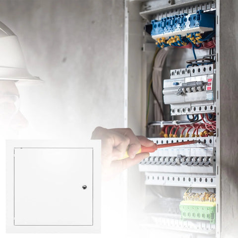 QWORK 10x10 flush access door, aluminum alloy, white powder-coated, service shaft door for drywall and ceiling electrical.