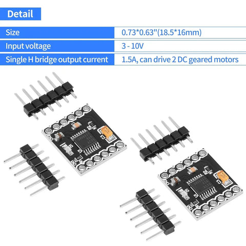 Dual Channel DC Motor Driver Board with H Bridge for DIY projects, 3-10V input, 1.5A per channel, tiny footprint, multiple views.