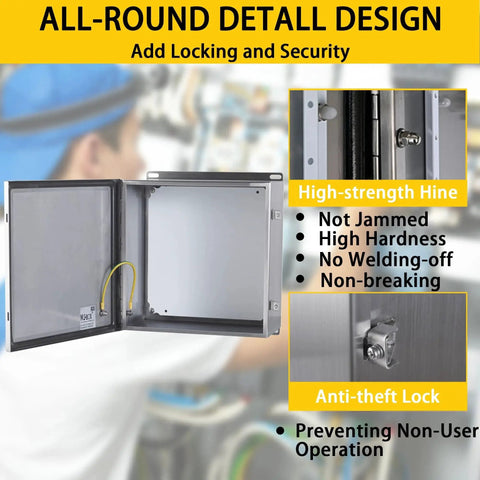 Open Stainless Steel Electrical Enclosure Box 12 X 12 X 6 In 304 Grade, IP66, showing locking system and mounting plate.