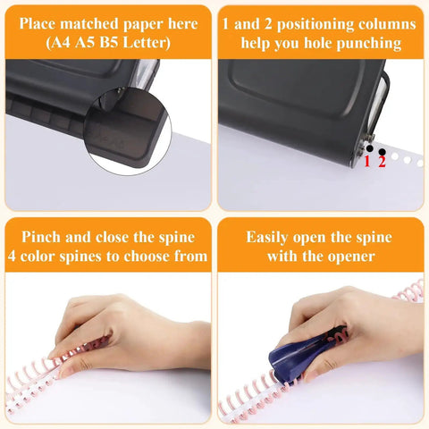 Instructions for using 10 Hole Punch Binding Machine For Planners With 10 Color Binder Rings, showing paper placement and spine usage.