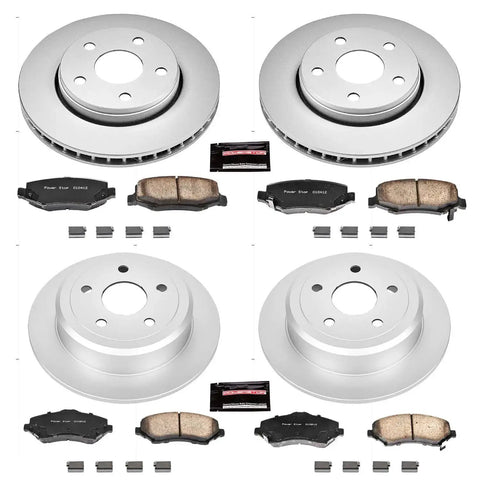 PowerStop brake kit for Jeep Wrangler JK 2007–17 with front and rear fully coated rotors and Z17 ceramic pads.