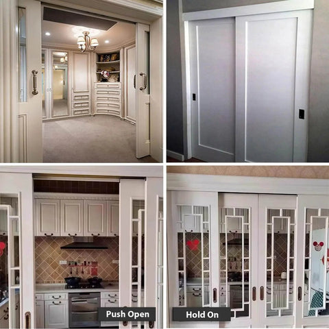 Double Sliding Door Track Hardware Kit With Aluminum Rail For Space Saving Bypassing Door System in various interior settings.