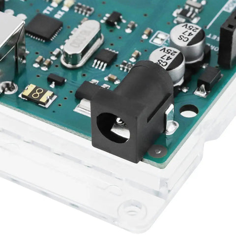 Close-up of Mega 2560 Rev 3 Microcontroller Board With ATmega2560, 16MHz Clock showing digital I/O pins and components.