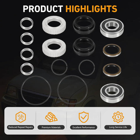 16 Piece Rear Axle Bearing And Seal Kit For Toyota Tacoma 1995 Through 2004 And 4Runner 1996 Through 2002 Replacement Part Numbers 90520 36045 42423 20010 90363 40020 Built To Last Beefed Up Heavy Duty Truck Axle Repair Kit components shown with highlighted features