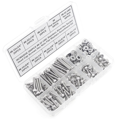 260-Piece 6-32 UNC Stainless Steel Socket Head Cap Screw Kit With Hex Nuts And Flat Washers, Full Thread, Coarse Thread, 304 Stainless