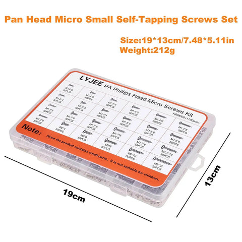 Nickel Plated M1.2 M1.4 M1.5 M2 Round Pan Head Tapping Screws Kit in clear box, labeled sections, for laptop repairs.
