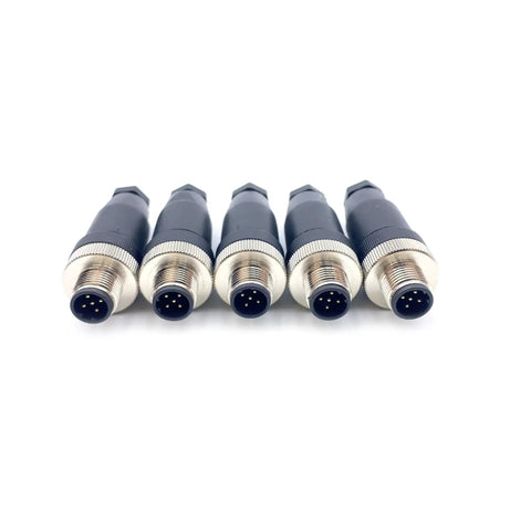 Five M12 5 Pin B Code Male Circular Connector IP67 Waterproof For Industrial Sensors, brass gold-plated contacts, field assembly adapters shown.