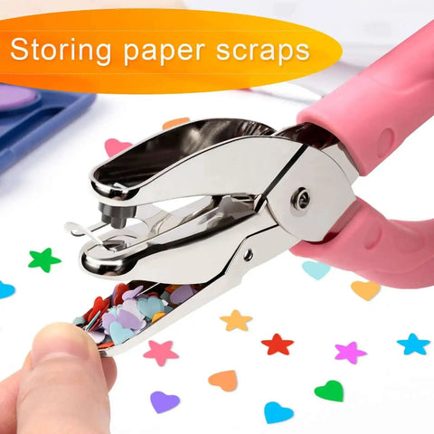 2 Pack Handheld Hole Punch Set With Heart And Star Shape Punches, showing pink handle and stainless steel construction.