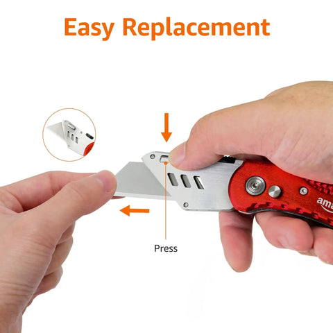 Folding Utility Knife With Back Lock Lightweight Aluminum Handle Red Box Cutter showing easy blade replacement feature