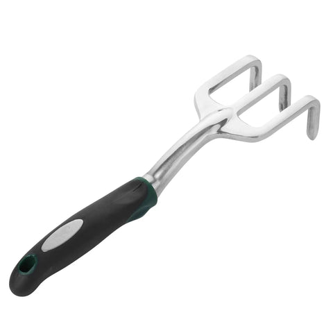 Eleven And A Half Inch Hand Rake For Weeding And Soil Turning With Three Prong Metal Cultivator For Garden Beds And Plots Easy Grip