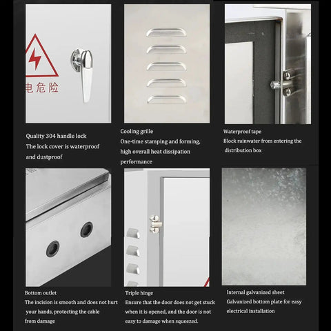 Features of Stainless Steel Weatherproof Wall Mounted Electrical Enclosure Box, including lock, cooling grille, and galvanized sheet