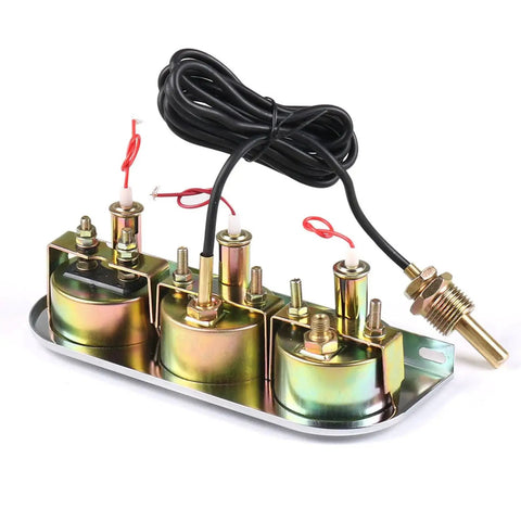 Rear view of Universal Chrome 2 Inch 52mm Car Triple Gauge Kit Mechanical 3 In 1 with wiring and sensor components for 12V vehicles.