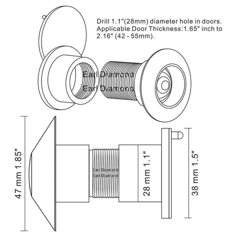 Diagram of Solid Brass Door Peephole Viewer With 220 Degree Wide Viewing Angle And Heavy Duty Rotating Privacy Cover, dimensions included
