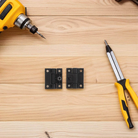 Plastic Folding Cabinet Door Hinges OSALADI 90 Degree Right Angle Torque Positioning for cabinets, shown with tools.