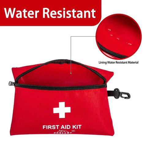 Red Grab and Go 152 Piece Small First Aid Kit TSA Approved for Travel and Outdoors, showing water-resistant material