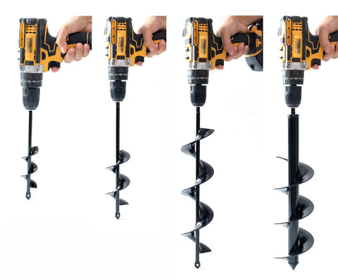 Set Of 4 Bulb Planting Auger Bits For Drill Three Eighths Inch Hex Drive 1.6x9 2.4x12 3.2x16 And 4x16 Inches shown in drill