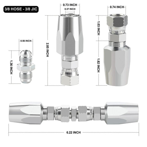 Two Pack Three Eighths Inch Reusable Hydraulic Fittings, zinc plated, front and side views with measurements for 3/8 inch hose repair kit