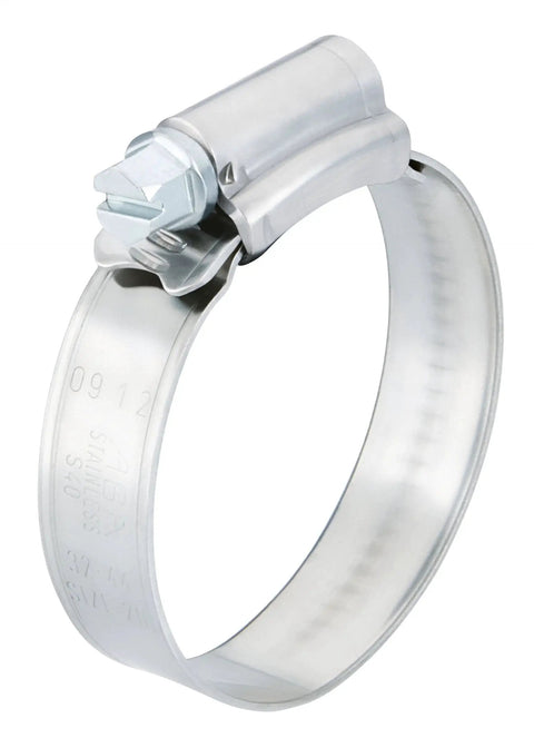 316 Stainless Steel Hose Clamp Set 10, SAE Size 12, Fits 22 to 32 mm Hoses, 12 mm Band Width, Marine Grade, shown in side view