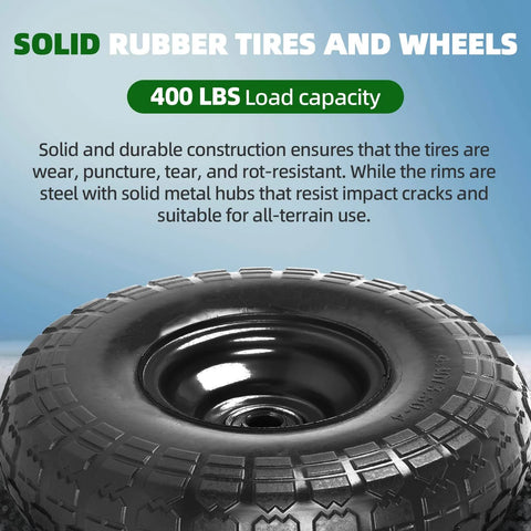 Close-up of Two Pack 10 Inch Solid Rubber Tires and Wheels 4.10/3.50-4 Flat Free Replacement for Wheelbarrow, Dolly